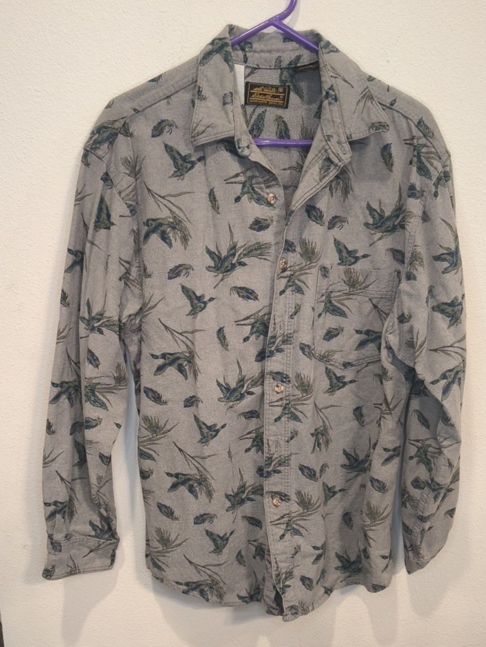 Eddie Bauer Gray Button-Down Shirt with Green Bird Print Large